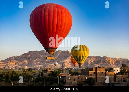Montgolfières, matin, tour en montgolfière sur la rive ouest du Nil, 'Vallée des Rois' en arrière-plan, Louxor, Egypte, Afrique du Nord, Afrique Banque D'Images