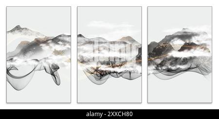 3d Modern Landscape art peinture murale lignes dorées, et montagne sur fond gris blanc. toile murale 3 pièces art Banque D'Images