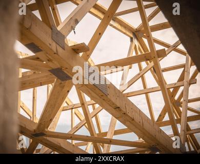 Vue détaillée des poutres en bois et de la structure de charpente dans une construction architecturale contemporaine, avec espace ouvert et lumière naturelle. Banque D'Images