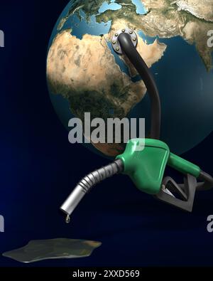 Dernières gouttes d'essence sortant d'une buse de station-service reliée à la Terre. Illustration isolée sur fond bleu foncé Banque D'Images