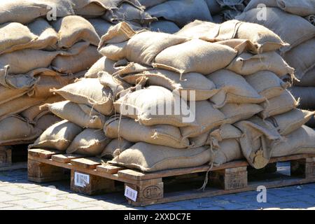 Sacs de sable sur palettes lors des inondations de 2013 à Magdebourg Banque D'Images