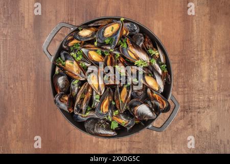 Moules marinière moules marinière, cuits dans une casserole, tourné à partir de ci-dessus, sur un fond rustique foncé Banque D'Images