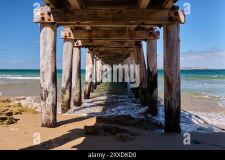 Pieux de bois altérés et boulons rouillés sous la jetée - point Lonsdale, Victoria, Australie Banque D'Images