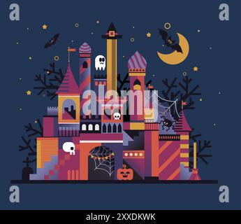 Château d'Halloween avec fantômes et chauves-souris Illustration de Vecteur