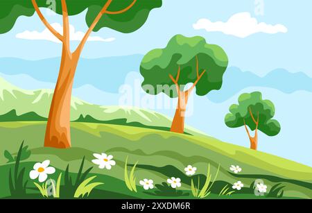Arbres et fleurs dans Green Meadow Illustration de Vecteur