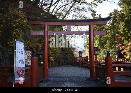 Vue panoramique d'une ancienne porte Shinto Torii en bois laqué vermillon à l'entrée du pont Shinkyō, traversée d'une rivière sacrée à Nikkō, Japon. Banque D'Images