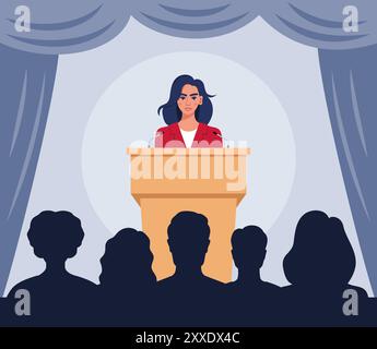 Femme confiante derrière le podium pendant le discours de scène. Orateur parlant devant le public. Prise de parole en public. Porte-parole devant une foule de gens. Vect Illustration de Vecteur