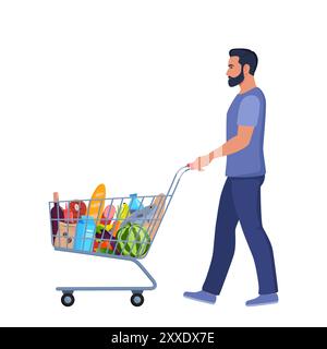 Homme avec un panier plein de marchandises. Le mâle joyeux achète de la nourriture dans l'épicerie. Chariot de supermarché. Illustration vectorielle Illustration de Vecteur