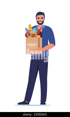 L'homme se tient avec un sac en papier d'épicerie. Un gars achetant de la nourriture, des légumes, du pain. Épicerie. Illustration vectorielle Illustration de Vecteur