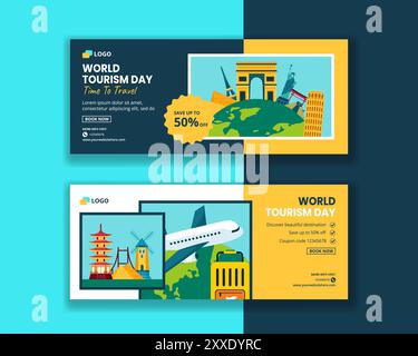 Tourisme Journée horizontale bannière plate dessin animé modèles dessinés à la main illustration de fond Illustration de Vecteur
