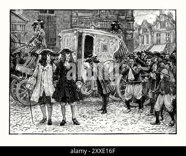 Une vieille gravure de plénipotentiaires anglais (diplomates) insultés dans les rues d'Utrecht, Hollande vers 1712. Il est tiré d'un livre d'histoire victorienne de c.1900. Il était temps que les négociations diplomatiques se heurtaient souvent à l'hostilité et à la résistance. La paix d'Utrecht est une série de traités de paix (1713-1715) pendant l'impasse de la guerre de succession d'Espagne. La guerre impliqua des prétendants au trône vacant d'Espagne et impliqua une grande partie de l'Europe, y compris l'Autriche, la République néerlandaise et la Grande-Bretagne, pendant plus d'une décennie. Banque D'Images