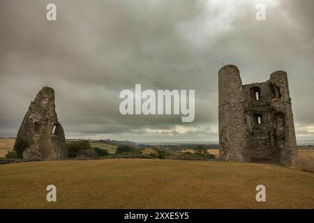 Hadleigh Castle, Royaume-Uni. 24 août 2024. L'image montre les vestiges altérés d'un château en pierre ou d'une forteresse situé sur une colline herbeuse sous un ciel nuageux. Deux tours cylindriques et des murs partiels suggèrent des origines médiévales. Le paysage environnant comprend des champs ouverts et des arbres lointains, évoquant un sentiment d'endurance historique et d'isolement rural. Commencez votre week-end de vacances au château de Hadleigh, surplombant l'estuaire de la Tamise. Penelope Barritt/Alamy Live News Banque D'Images