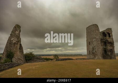 Hadleigh Castle, Royaume-Uni. 24 août 2024. Ruines d'une ancienne structure en pierre dans un champ herbeux sous un ciel nuageux. Un vestige de mur déchiqueté se dresse à gauche, tandis qu'une tour plus intacte avec des ouvertures de fenêtre s'élève à droite. Le vaste paysage et la spectaculaire couverture nuageuse évoquent un sentiment de mystère historique et d'isolement. Commencez votre week-end de vacances au château de Hadleigh, surplombant l'estuaire de la Tamise. Penelope Barritt/Alamy Live News Banque D'Images