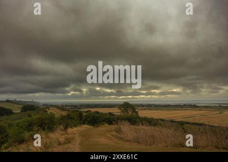 Hadleigh Castle, Royaume-Uni. 24 août 2024. Une scène rurale sombre avec un chemin herbeux flanqué de végétation sèche, menant à travers de vastes champs sous un ciel fortement couvert. L'horizon lointain révèle un aperçu de la mer, avec des formations de nuages spectaculaires suggérant une tempête qui approche. Commencez votre week-end de vacances au château de Hadleigh, surplombant l'estuaire de la Tamise. Penelope Barritt/Alamy Live News Banque D'Images