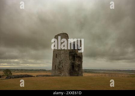 Hadleigh Castle, Royaume-Uni. 24 août 2024. Une tour de pierre solitaire altérée se dresse dans un champ plat et ouvert sous un ciel nuageux et couvert. La structure, peut-être un vestige d'une fortification médiévale ou d'un château, montre des signes d'érosion et d'effondrement. Le paysage environnant est vaste et désolé, évoquant des thèmes de l'isolement historique et de la décomposition rurale. Commencez votre week-end de vacances au château de Hadleigh, surplombant l'estuaire de la Tamise. Penelope Barritt/Alamy Live News Banque D'Images