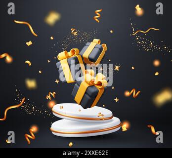Coffrets cadeaux 3D avec podium blanc en confettis. Illustration de Vecteur