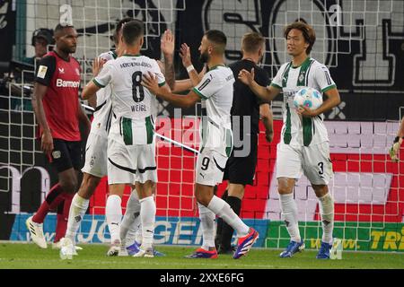 Fussball, 1.BL Saison 2024/2025 Borussia Mönchengladbach vs Bayer 04 Leverkusen, 23.08.2024, Stadion im Borussia Park Mönchengladbach, Borussia Mönchengladbach jubeln Fotocopyright Gladys Chai von der Laage DFL regulations prohibit any use of photographs as image sequences and/or quasi-video. Stock Photo