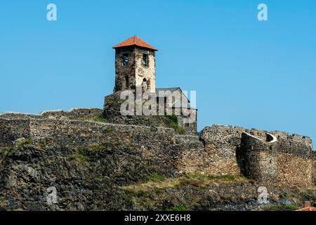 Château de Saint-Ilpize perché sur un pic volcanique au-dessus de la rivière Allier. Haute-Loire. Auvergne-Rhône-Alpes. France Banque D'Images