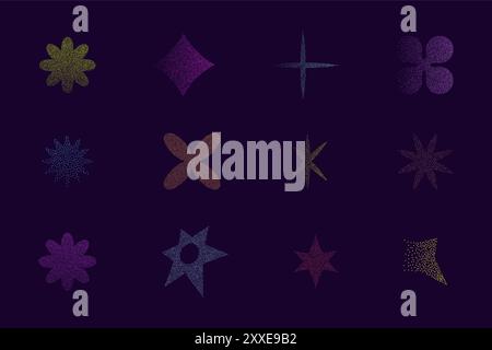 Éléments abstraits avec texture de grain de sable, dégradé de points grunge rétro y2k. Fleurs d'étoiles. flou holographique pointillisme . Illustration vectorielle Illustration de Vecteur