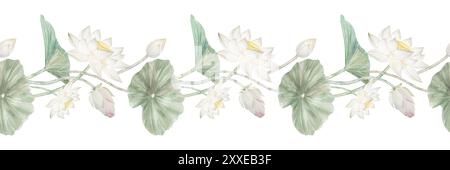 Bordure sans couture de lotus, graines et feuilles. Illustration aquarelle lotus et feuilles dessinées à la main, bordure de fleurs de lotus pour la conception. Banque D'Images