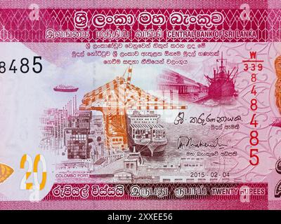 Portrait de vue récente et précoce du port de Colombo sur le billet de 20 roupies du Sri Lanka. Banque D'Images