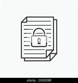 Illustration de l'icône de document sécurisé. Dessin au trait noir et blanc d'un document avec un cadenas sur le dessus. Cette icône représente la sécurité, la protection et p. Illustration de Vecteur