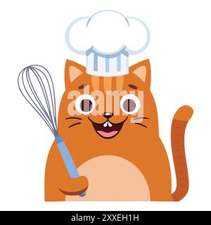 Chef chat souriant tenant un fouet. Un chat gingembre heureux portant un chapeau de chef et tenant un fouet. Une illustration amusante de bande dessinée parfaite pour toute cuisine ou bak Illustration de Vecteur