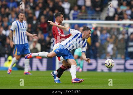 Mason Mount de Manchester United (à gauche) et Billy Gilmour de Brighton & Hove Albion se battent pour le ballon lors du premier League match à l'American Express Stadium de Brighton. Date de la photo : samedi 24 août 2024. Banque D'Images