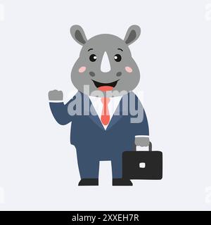 Personnage de dessin animé d'homme d'affaires de rhinocéros heureux. Rhinocéros mignon dans un costume d'affaires avec une mallette, souriant et ondulant. Idéal pour les présentations, le marketing ou Illustration de Vecteur