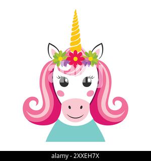 Adorable licorne avec bandeau floral. Mignonne licorne de dessin animé avec une crinière rose et un bandeau floral, parfait pour les illustrations ou les dessins d'enfants. Illustration de Vecteur