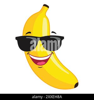 Banane fraîche souriante portant des lunettes de soleil. Une banane joyeuse avec un grand sourire et des lunettes de soleil élégantes, parfaite pour ajouter une touche d'humour à vos créations. Illustration de Vecteur