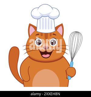 Mignon chef de chat tenant un fouet. Adorable chef de chat de bande dessinée portant un chapeau blanc, tenant un fouet, prêt à fouetter un peu de magie culinaire. Illustration de Vecteur