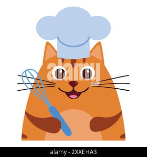 Mignon chef de chat tenant un fouet. Un chef félin joyeux dans une tuque bleue tient un fouet, prêt à préparer des délices culinaires. Illustration de Vecteur