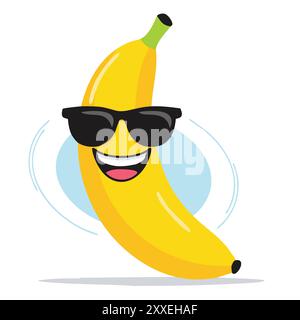 Personnage de banane cool portant des lunettes de soleil. Un personnage de banane joyeux avec des lunettes de soleil et un grand sourire, parfait pour un design amusant et fruité. Illustration de Vecteur