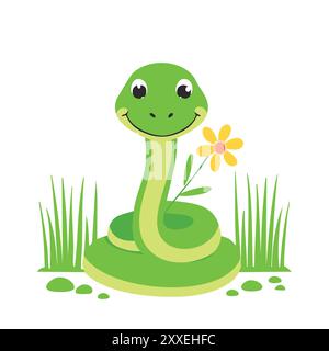 Serpent vert souriant avec fleur dans l'herbe. Adorable serpent de dessin animé avec un large sourire, tenant une fleur jaune, dans une tache d'herbe verte. Illustration de Vecteur