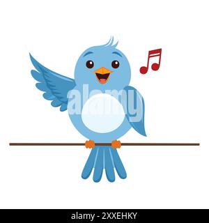 Joyeux oiseau bleu chantant sur la branche. Joyeux oiseau bleu perché sur une branche, déployant ses ailes et chantant une mélodie avec une note musicale. Illustration de Vecteur