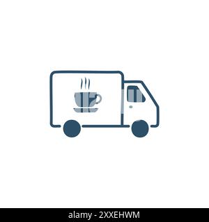 Icône de camion de livraison de café. Icône vectorielle simple et bleue d'un camion de livraison avec un logo de tasse à café. Parfait pour les sites Web, les applications et la marque liés à c. Illustration de Vecteur