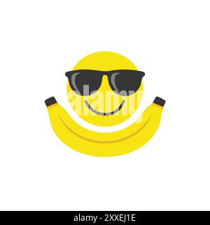 Emoji banane cool avec des nuances. Émoticône de banane jaune joyeux portant des lunettes de soleil. Design amusant et ludique idéal pour les médias sociaux, les sites Web ou les commerçants Illustration de Vecteur