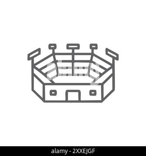 Illustration vectorielle d'icône de contour de stade. Simple dessin au trait d'un stade avec gradins, lumières et une entrée. Idéal pour le sport, la compétition et Illustration de Vecteur