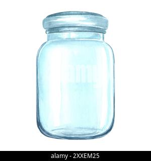 Pot vide en verre avec couvercle. Vase transparent pour fleurs. Illustration d'aquarelle dessinée à la main isolée. Bouteille, RECIPIENT pour liquide ou MEDICAMENT. Cuisine Banque D'Images