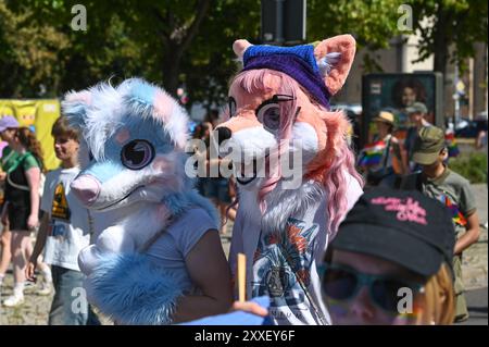 Magdeburg, Germany. 24th Aug, 2024. Disguised participants of Christopher Street Day (CSD) parade through the city center. Thousands of people take to the streets in support of diversity and tolerance. Credit: Heiko Rebsch/dpa/Alamy Live News Stock Photo