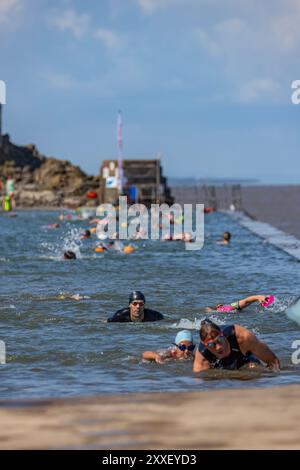 Participants participant à la course de natation de Clevedons Banque D'Images