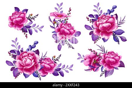 bouquet d'aquarelle pivoine et rose avec des feuilles roses et violettes Illustration de Vecteur