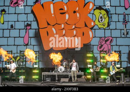 Leeds, UK. Saturday 24 August 2024Neck Deep  perform on Main Stage during day two of  Bramham Park  © Jason Richardson / Alamy Live News Stock Photo