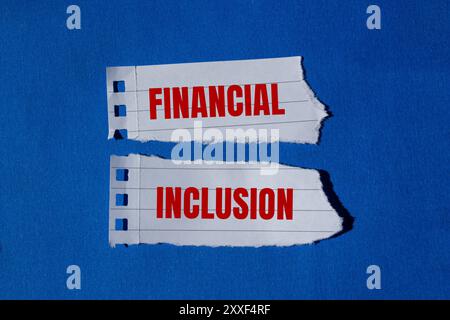 Message d'inclusion financière écrit sur des morceaux de papier déchirés avec fond bleu. Symbole conceptuel d'inclusion financière. Copier l'espace. Banque D'Images