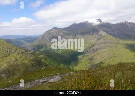 Ben Nevis avec un saupoudrage de neige de juin vu du sommet d'un Gearanach a Munro dans la chaîne des Mamores de montagnes Scottish Highlands. ROYAUME-UNI Banque D'Images