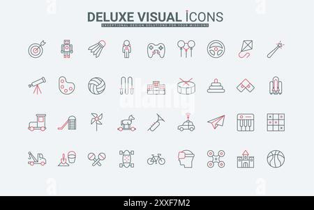 Jouets pour bébés enfants, aire de jeux et équipement de parc, jeux enfantins icônes de ligne. Jardin d'enfants et bac à sable, jouets de zone de loisirs, illustration vectorielle de symboles de contour noir et rouge minces de loisirs Illustration de Vecteur