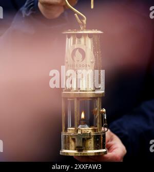 Stoke Mandeville, Britain. 24th Aug, 2024. Flame lantern is seen during the Paralympic Torch-Lighting Ceremony for the Paris 2024 Paralympic Games at Stoke Mandeville, Britain, on August 24, 2024. Credit: Li Ying/Xinhua/Alamy Live News Stock Photo