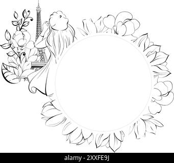 Cadre de cercle de Vector Paris, modèle avec voyage en France, Tour Eiffel, fille et magnolias. Silhouette noire pour circuit Illustration de Vecteur