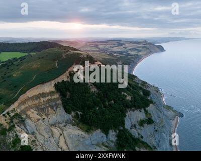 Casquette Golen au lever du soleil, aérienne. Site du patrimoine mondial de la côte jurassique. Dorset, Royaume-Uni. Banque D'Images